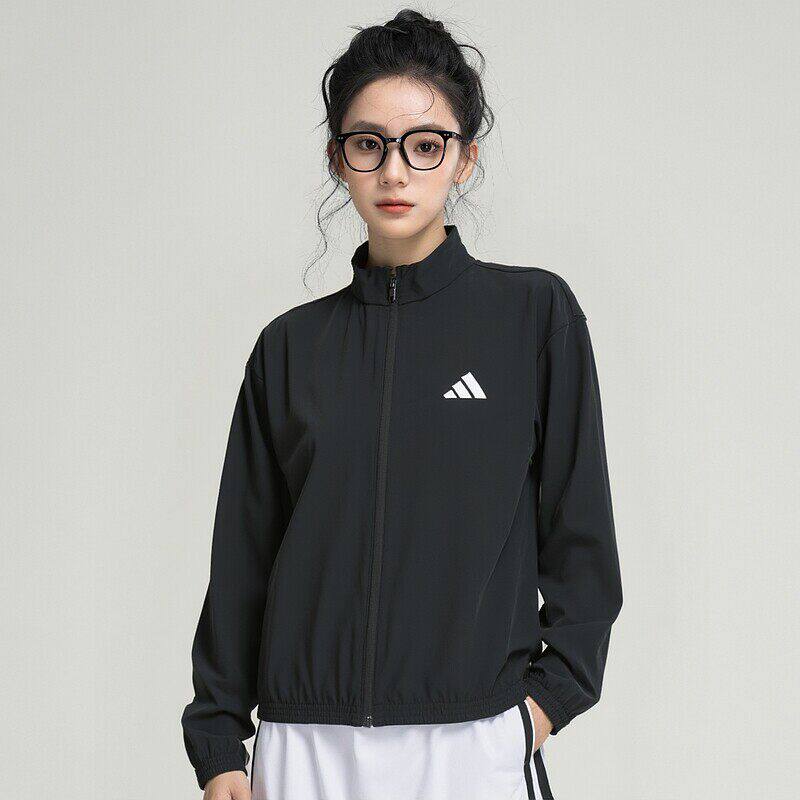 阿迪达斯外套女装2026春季新款跑步训练运动服黑色立领开衫夹克女