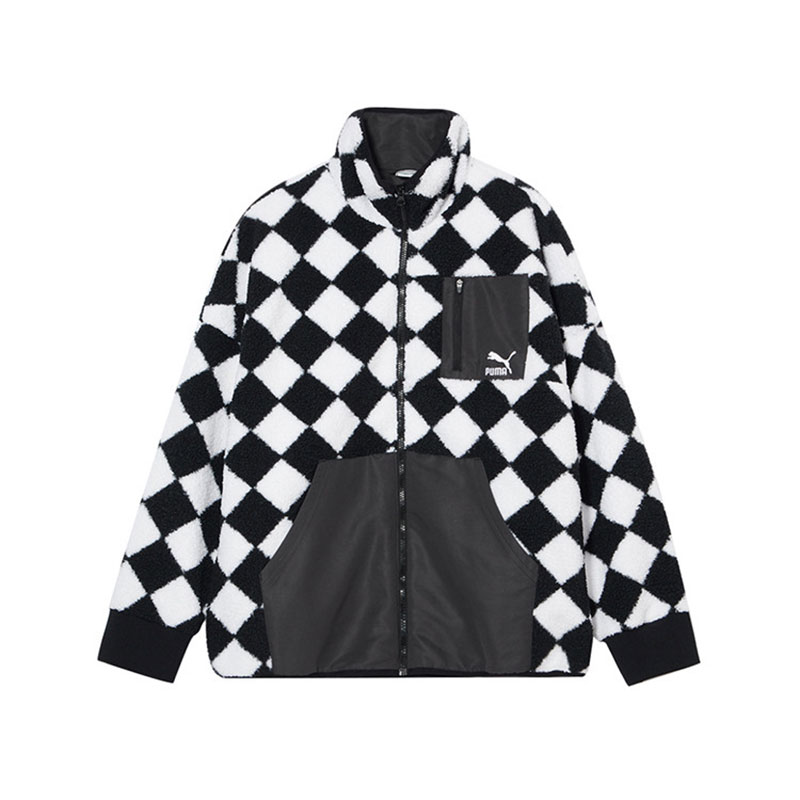 Puma彪马男款冬季新款仿羊羔绒外套棋盘拼色保暖上衣休闲运动夹克