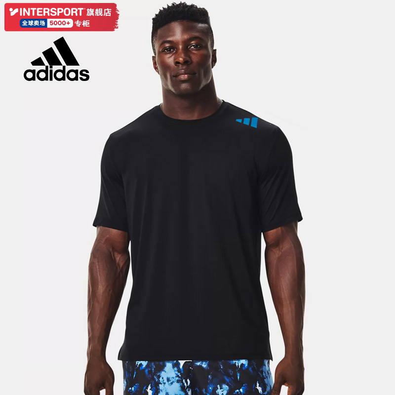 阿迪达斯黑色速干透气T恤短袖男2025冬季跑步训练健身运动服上衣