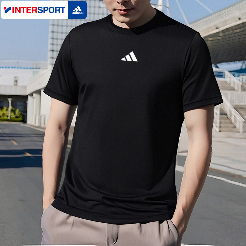 阿迪达斯正品短袖男夏款黑色快干半袖上衣圆领透气男运动服IB7915