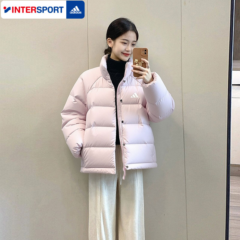 阿迪达斯粉色羽绒服女装冬季新款运动服女款立领加厚保暖鸭绒外套