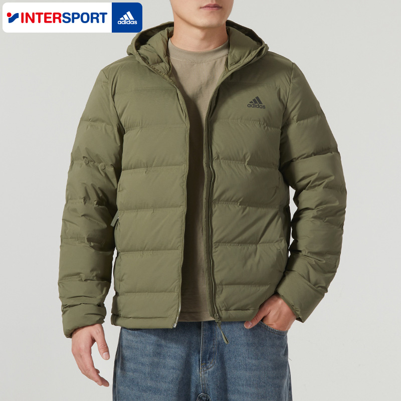 阿迪达斯男款羽绒服冬季新款连帽防风运动服军绿色加厚鸭绒外套男