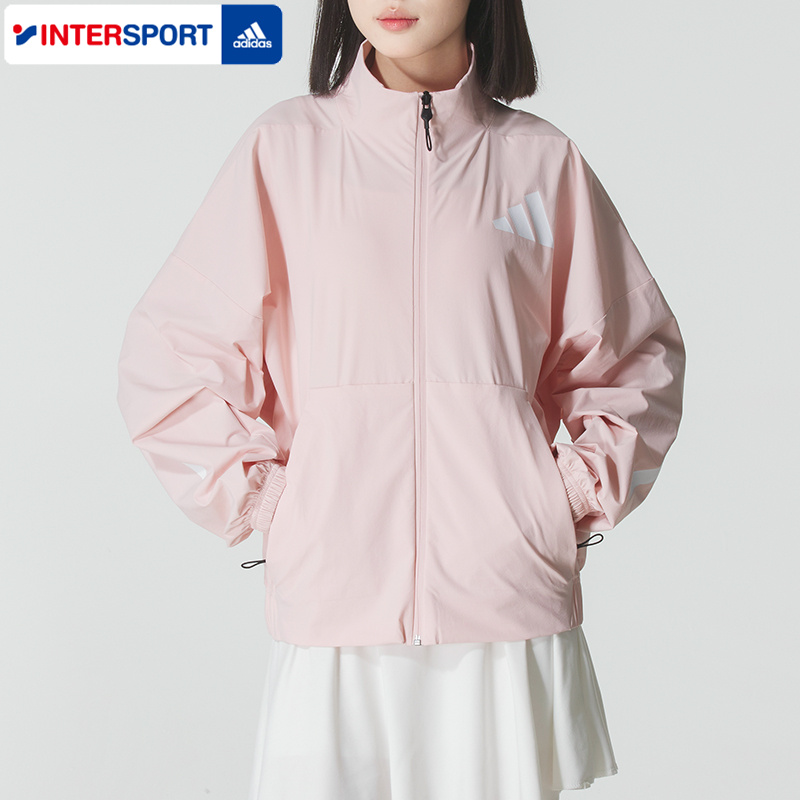 Adidas阿迪达斯立领外套女装2025秋季新款梭织防风粉色夹克KE4883