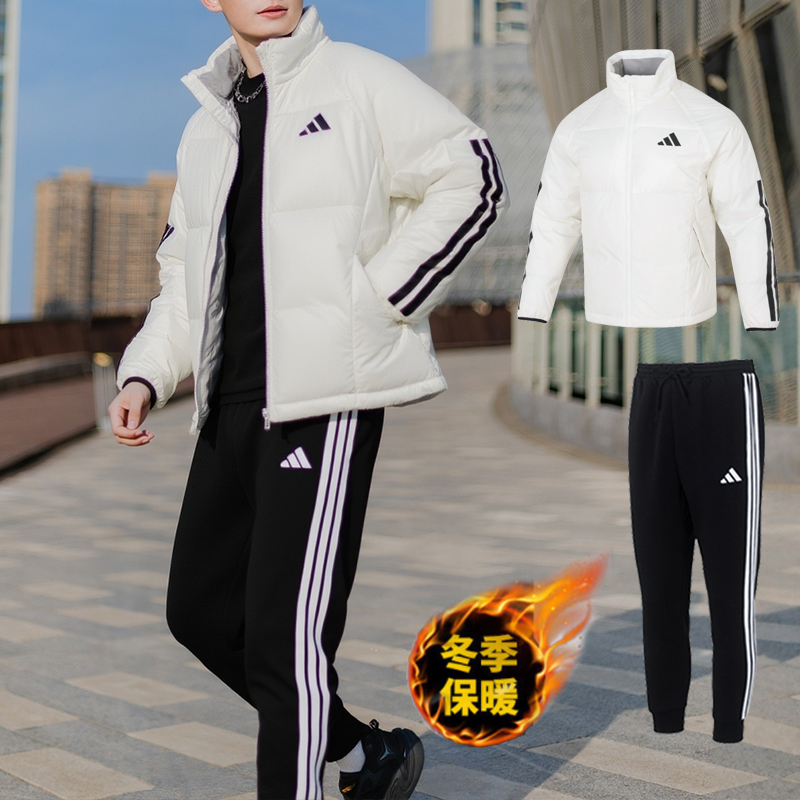 阿迪达斯运动套装男款冬季连帽羽绒服加绒针织长裤保暖外套两件套
