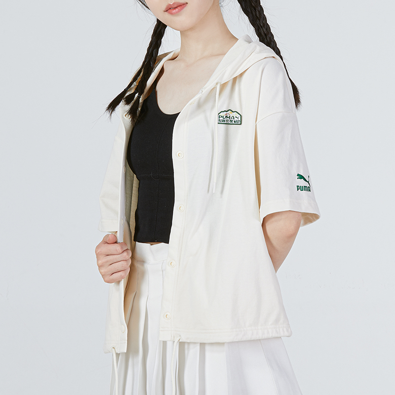 PUMA彪马连帽短袖外套女2024夏季新款运动服米白色宽松夹克536889