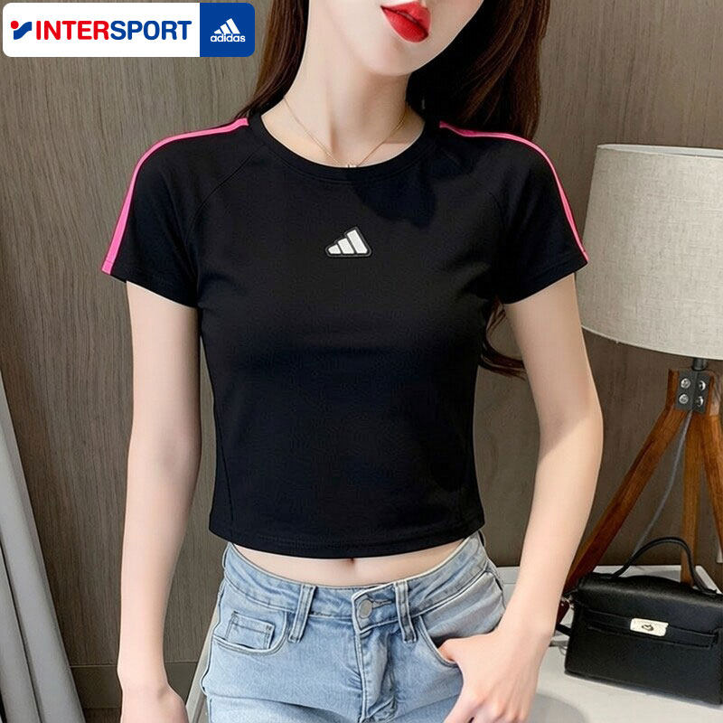 阿迪达斯短款修身T恤女装夏季新款运动服健身训练服跑步圆领短袖
