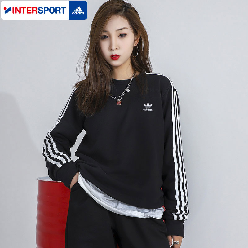 adidas阿迪达斯三叶草套头衫男秋冬季三条纹黑色圆领卫衣JN9786