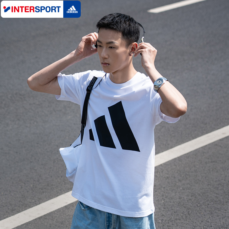 阿迪达斯针织圆领短袖男装白色纯棉运动服休闲透气半袖T恤JE8943