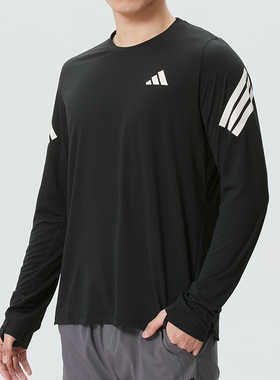 阿迪达斯男装黑色长袖T恤26春新款内搭套头衫跑步运动衬衫KE6831
