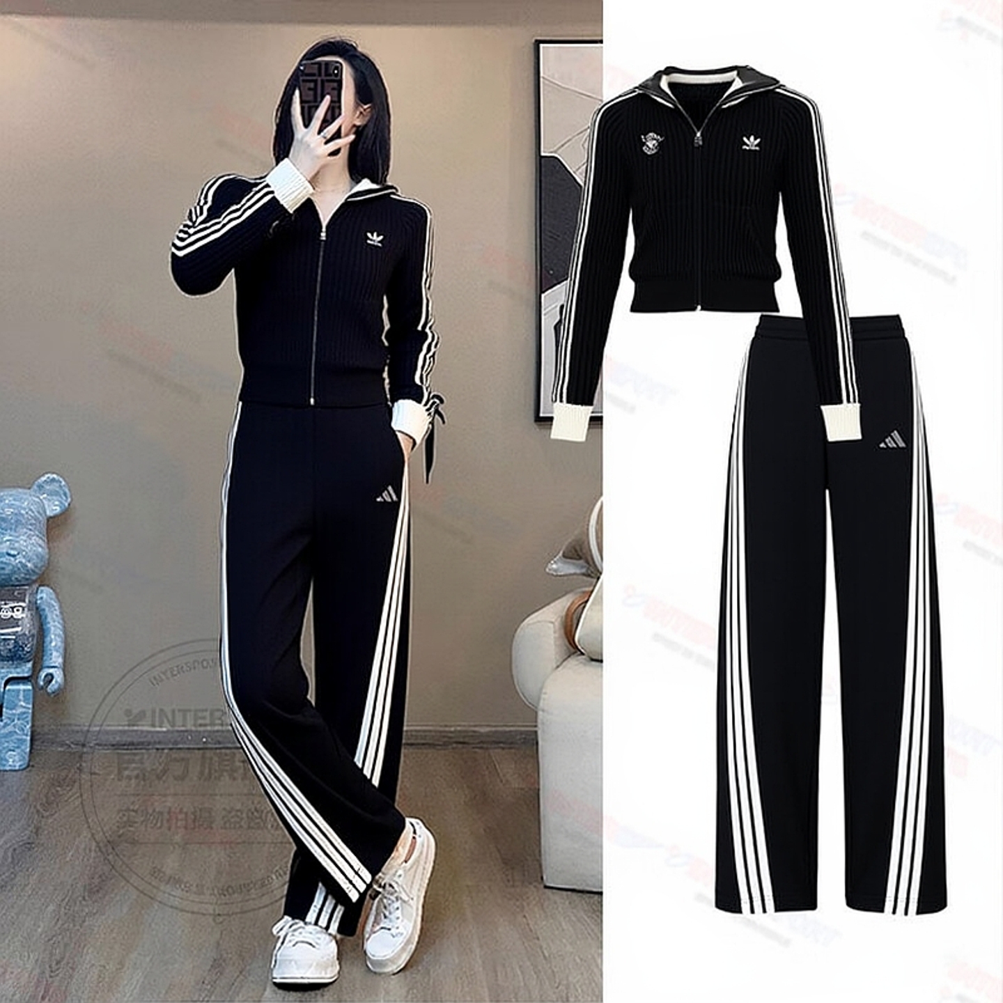 阿迪达斯三叶草正品女装2025冬季休闲套装翻领外套阔腿长裤运动服
