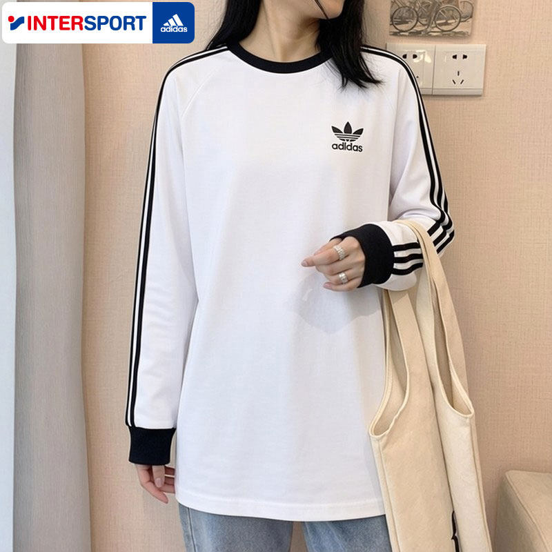 阿迪达斯三叶草长袖T恤女新款运动服白色打底衫男士纯棉圆领卫衣