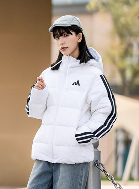 阿迪达斯男装女装冬季新款运动服三条纹白色连帽羽绒服外套KH3988