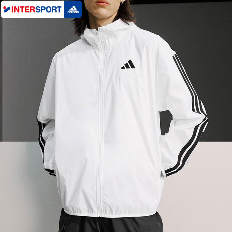阿迪达斯白色薄款外套男春季款运动服梭织连帽防风衣男士正品夹克