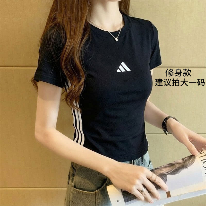 茵特丨阿迪达斯短袖女装修身短款运动T恤女款黑色上衣服新款半袖