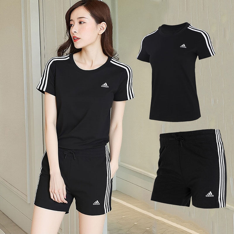 Adidas阿迪达斯女款套装春季运动休闲T恤短裤两件套跑步修身女装