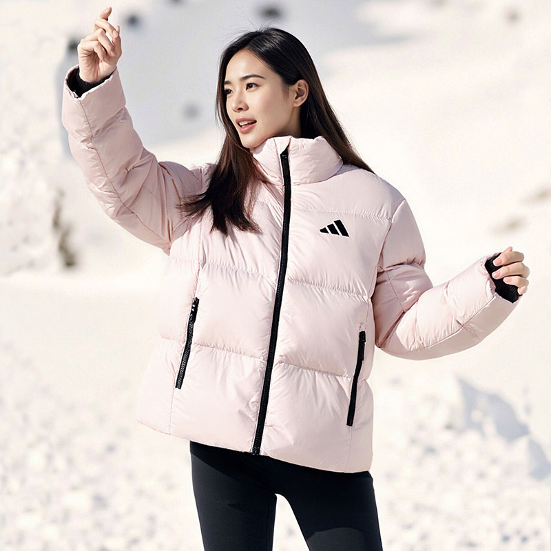 阿迪达斯粉色立领羽绒服女装2025冬季短款时尚休闲羽绒外套KQ5507