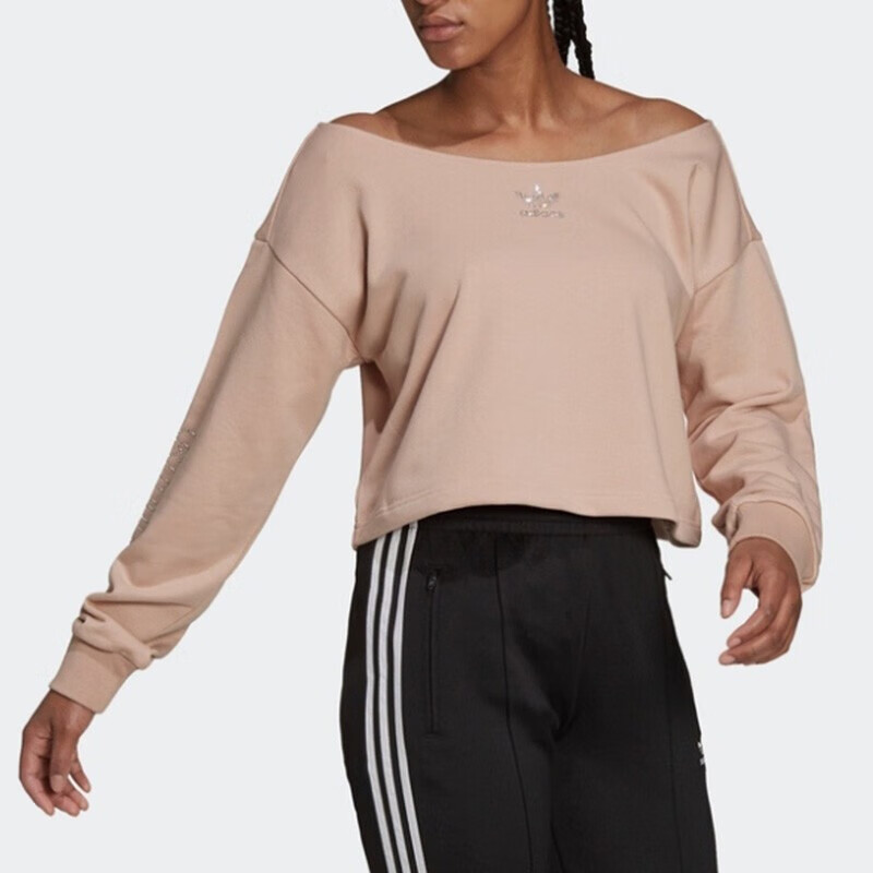 阿迪达斯三叶草卫衣女装健身训练运动服一字肩透气时尚休闲套头衫