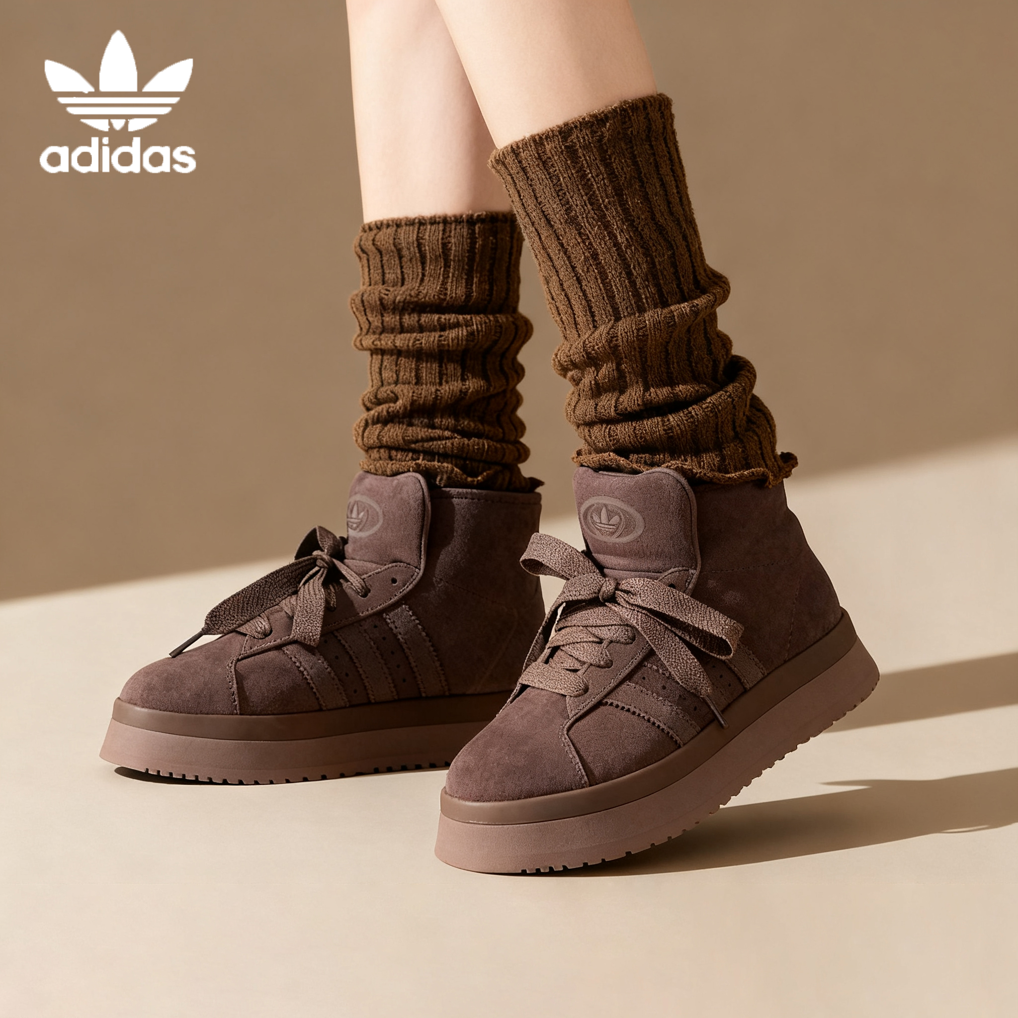 阿迪达斯三叶草棉鞋女鞋冬季新款棕色雪地靴加绒休闲鞋棉靴JR3736