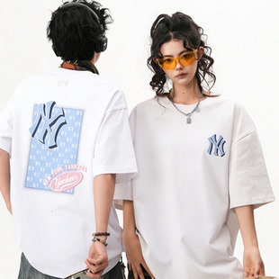 MLB潮牌夏季款LOGO印花短袖T恤男女同款美式高街休闲五分袖体恤衫