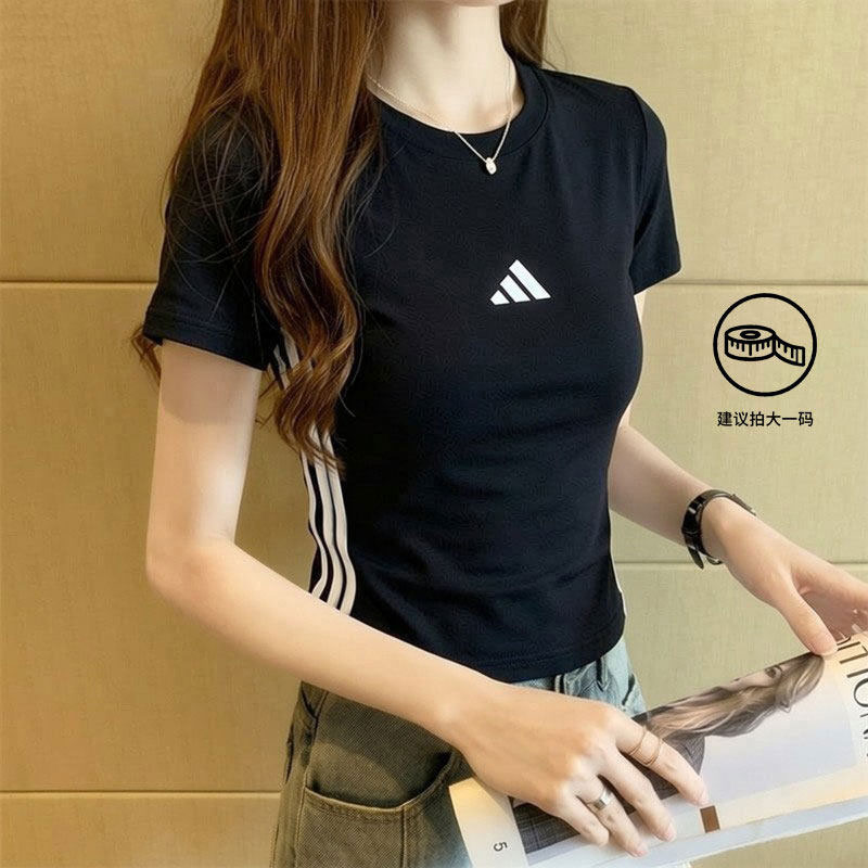 茵特丨阿迪达斯短袖女装修身短款运动T恤女款黑色上衣服新款半袖