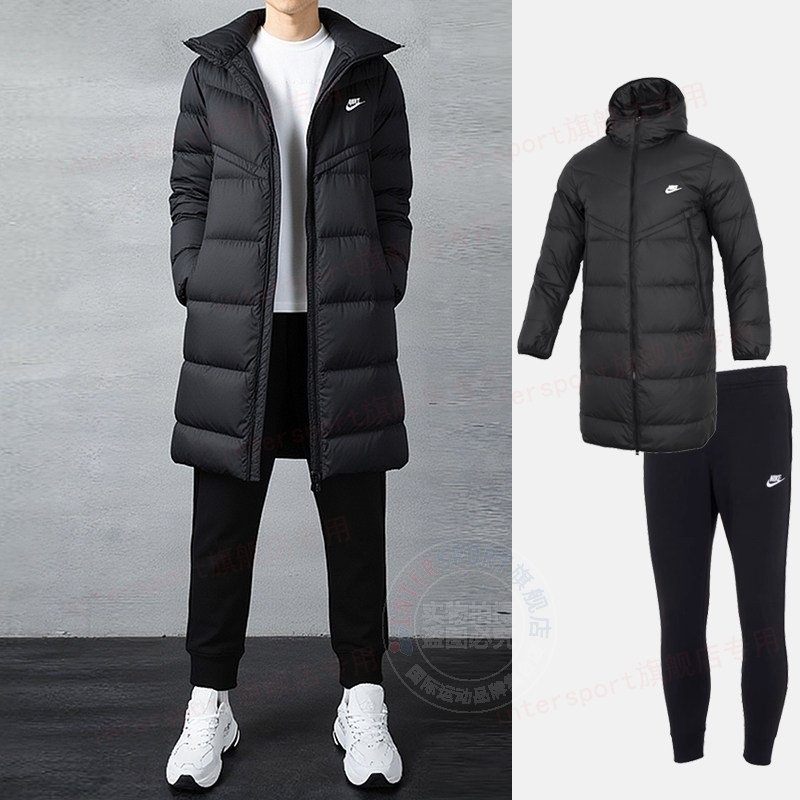 耐克男款运动套装2025秋冬季时尚潮流黑色束脚休闲裤羽绒服两件套