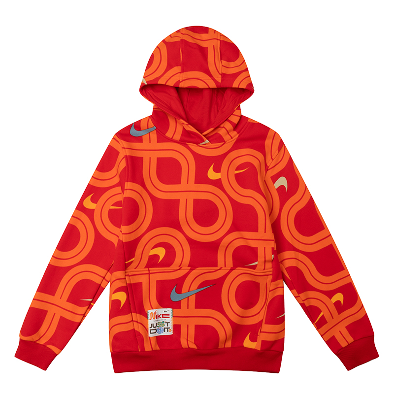 NIKE耐克大童卫衣男童女童红色保暖卫衣长袖套头针织连帽卫衣上衣