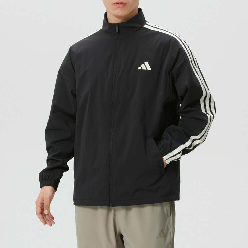 阿迪达斯加绒外套男春季新款黑色运动服男士正品立领防风休闲夹克