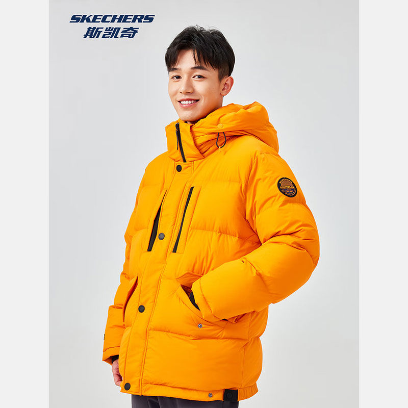 斯凯奇羽绒服男工装风口袋连帽鸭绒保暖梭织短款羽绒外套L424M032