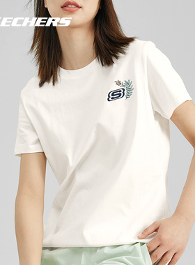 斯凯奇纯棉T恤女装夏季新款白色圆领短袖女款透气半袖运动体恤衫