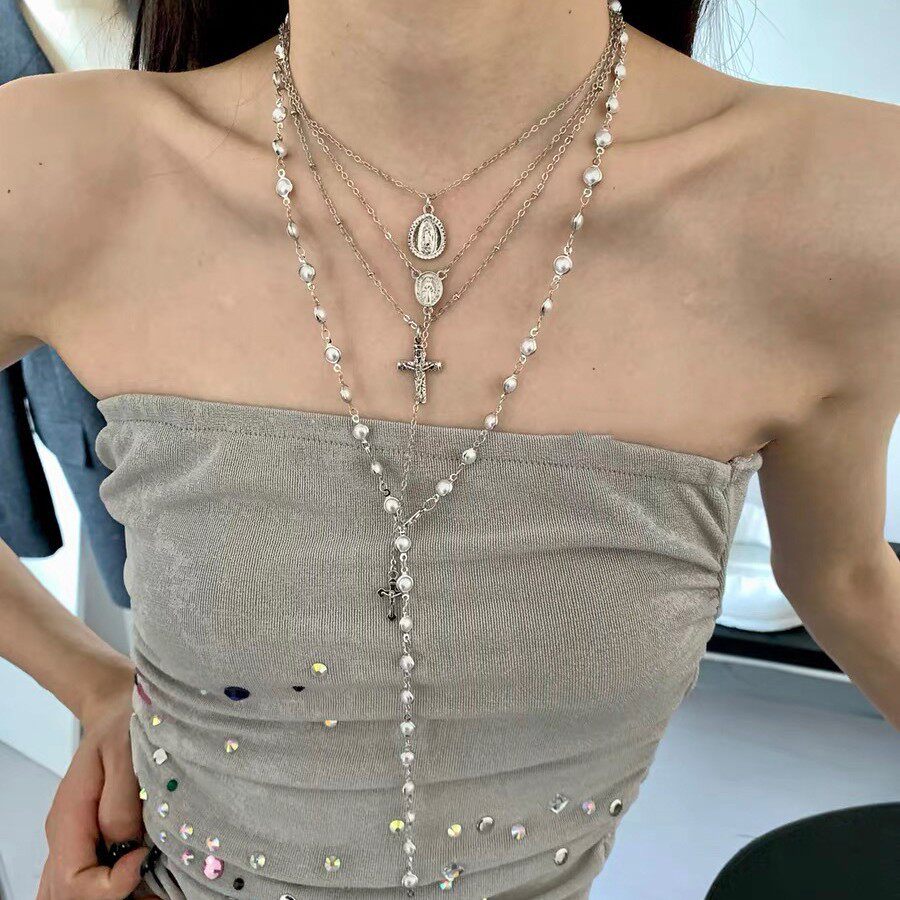 欧美y2k十字架吊坠叠戴珍珠项链时尚个性网红复古逛街锁骨链长链