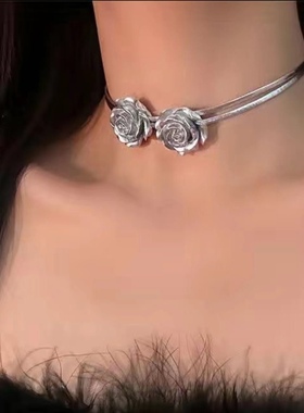 超绝！性感复古银色玫瑰锁骨链甜酷冷淡小众辣妹名媛晚宴项链项圈