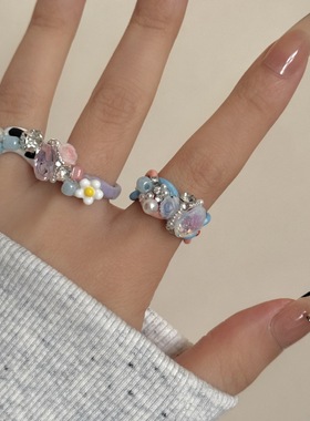 多巴胺可爱新中式串珠天然原石开口叠搭指环戒女 ins百搭冷淡彩色