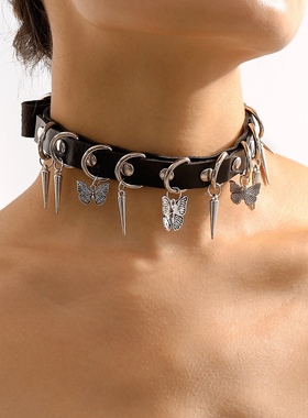 赛博朋克哥特暗黑夜店项圈choker项链颈链蝴蝶铆钉尖项圈情趣诱惑