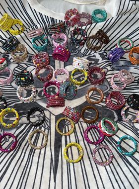 vintage孤品复古手工串珠米珠多层叠带辣妹多巴胺森系戒指开口