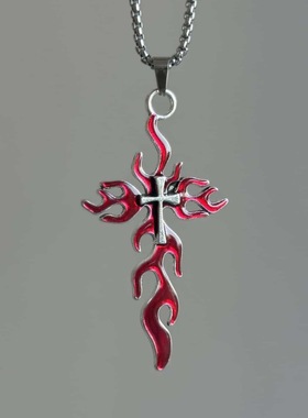 暗黑哥特亚文化红色火焰十字夸张中性朋克金属嘻哈男女项链毛衣链
