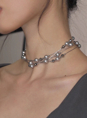 银灰色珍珠满天星颈链长款串珠项链小众设计感毛衣链女锁骨链配饰