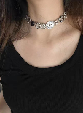 y2k甜酷风白色纽扣项链复古小众设计高级感精致锁骨链轻奢颈链潮