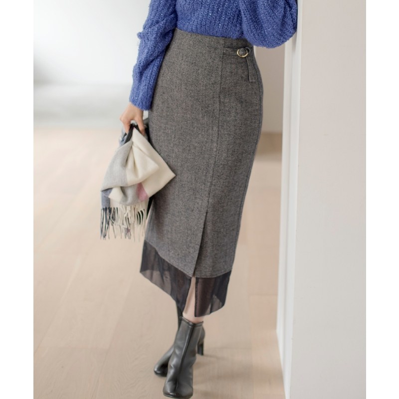 any SiS薄纱拼接人字纹设计感时尚半身裙女ONWARD