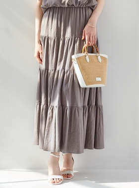 23区SLOW亮色亚麻适宜放松感气质层叠半身裙女ONWARD