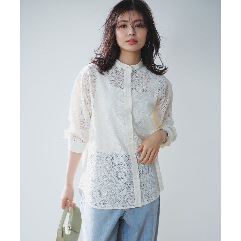 UNFILO简约时尚休闲适宜方块蕾丝带饰领衬衫女ONWARD
