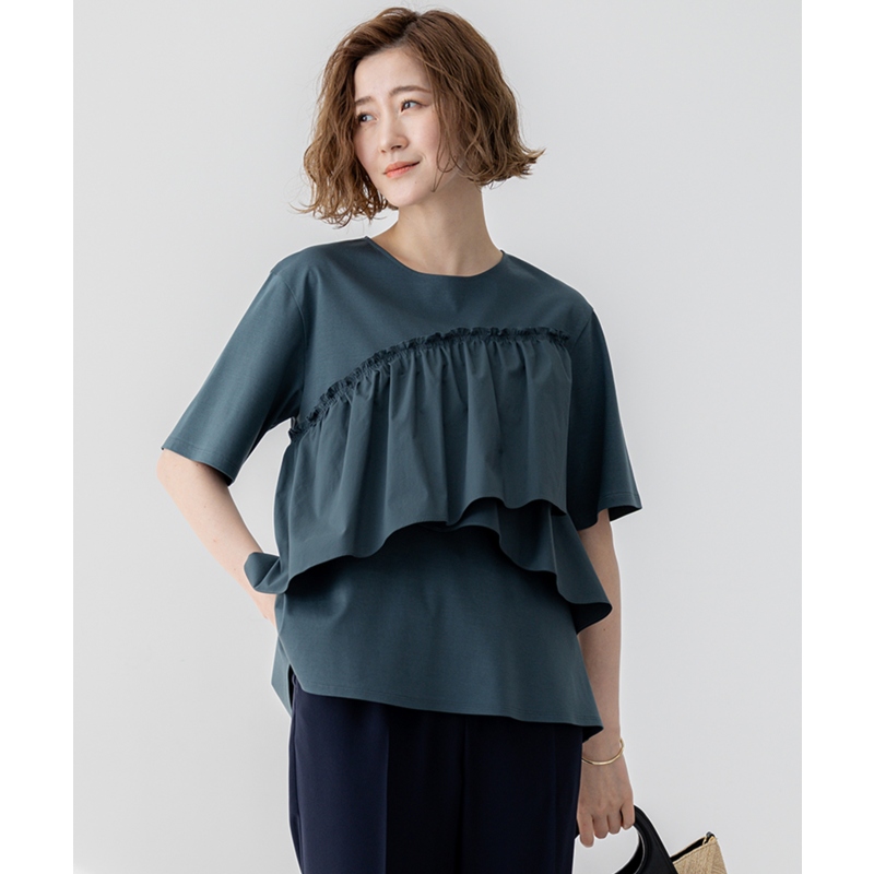 23区可洗随机褶边时尚气质针织拼接剪裁T恤女ONWARD