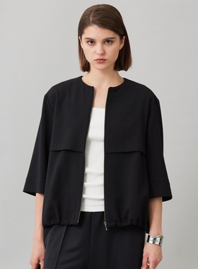 ICB时尚轻奢气质优雅简约UV防护可水洗羊毛2WAY弹力无领外套女ONW