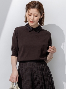 23区时尚适宜简约可水洗Broche格纹蕾丝领针织衫女ONWARD