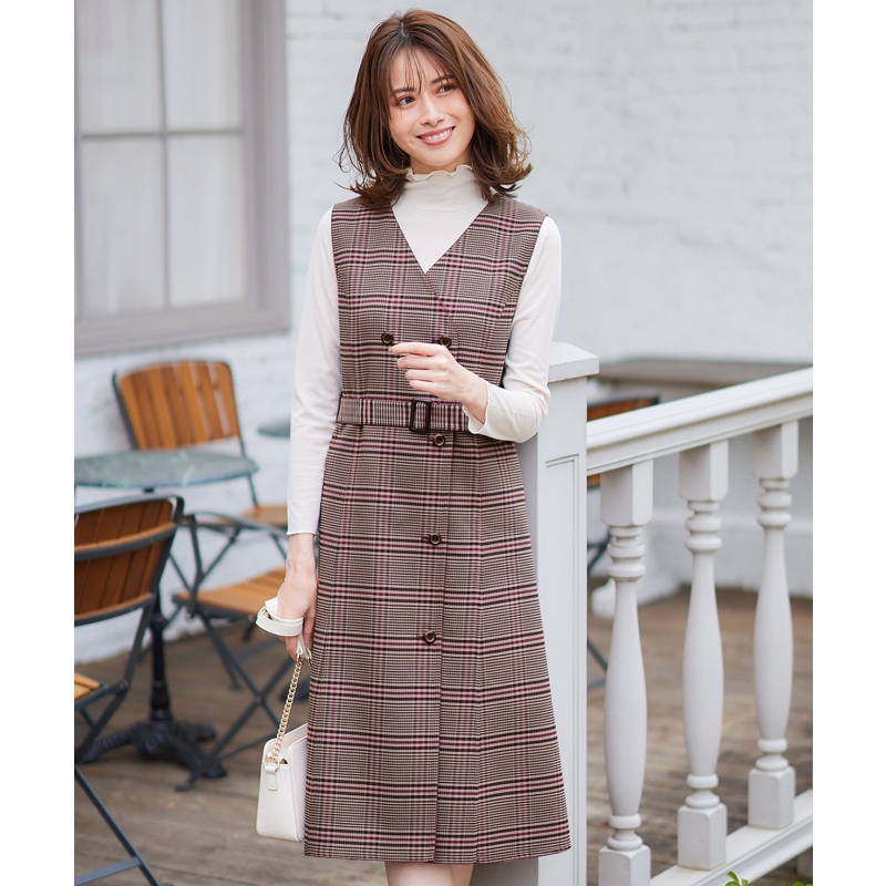 any SiS2WAY优雅格纹背心连衣裙V领无袖收腰OPWPSA0901
