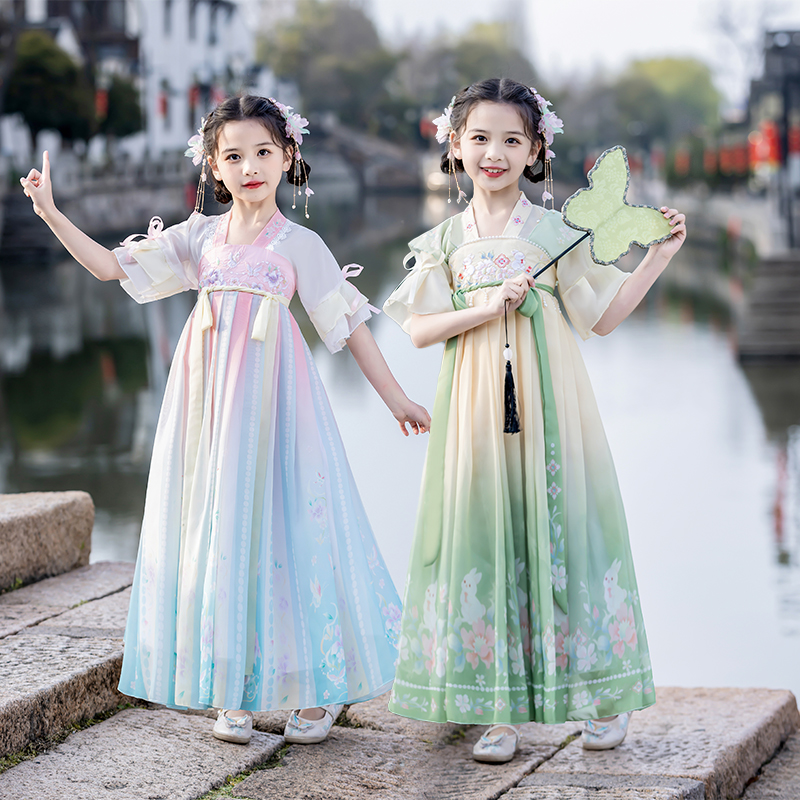 儿童汉服女童夏季薄款古装中国风超仙连衣裙大童短袖女孩古风仙气