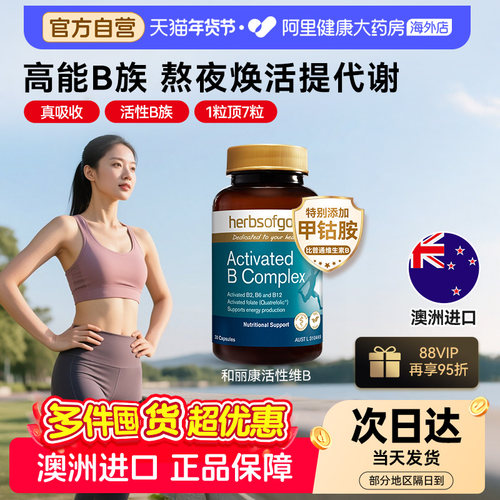 herbsofgold和丽康活性维生素B族复合b12b1叶酸熬夜男士女性代谢