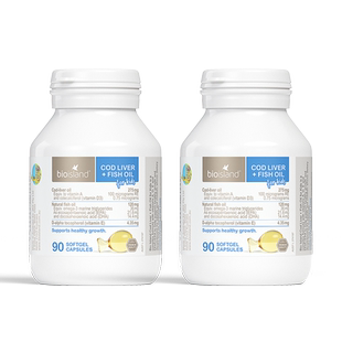 澳洲bio island婴幼儿童鳕鱼肝+鱼油宝宝DHA鱼肝油眼脑成长90粒*2