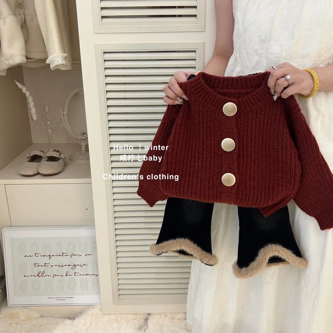 女童秋冬款安可拉红毛衣套装新款女宝宝加厚针织衫外套加绒喇叭裤