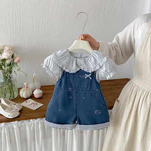 点兮婴幼儿可爱牛仔背带裤套装女宝宝夏季新款娃娃衫连体衣两件套