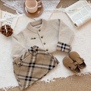 女童秋冬套装2026新款英伦风拼接毛衣女宝宝格伦风半身裙两件套潮